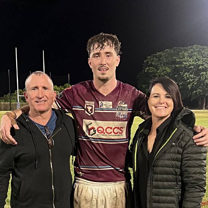 Kurt Fisher is joined by his parents, Justin and Natasha, following his Mackay Cutters debut. Picture supplied