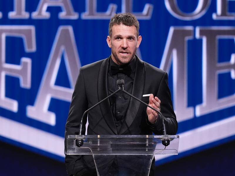 Dane Swan speaks after being inducted into the Australian Football Hall of Fame. (Daniel Pockett/AAP PHOTOS)